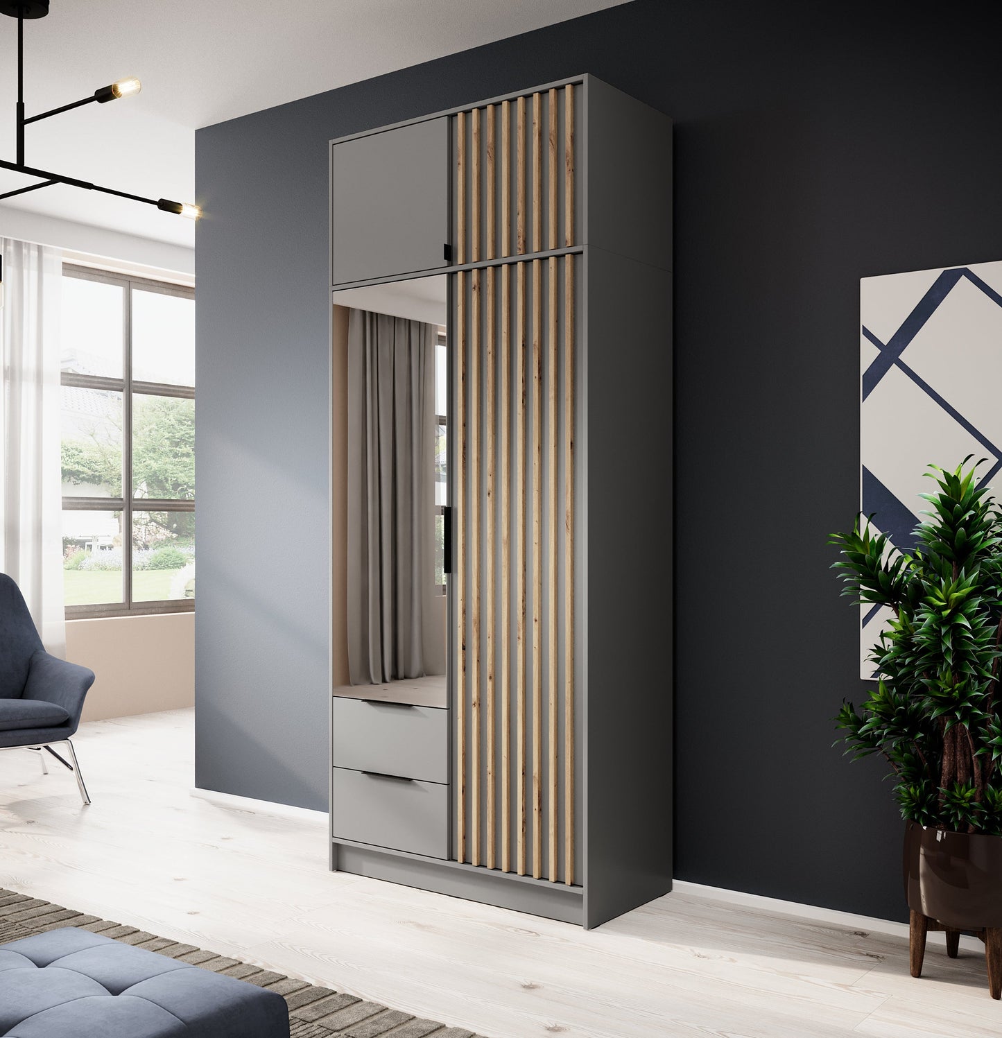 Nelly 2D Wardrobe – Cashmere/Graphite Oak 105 cm With Mirror