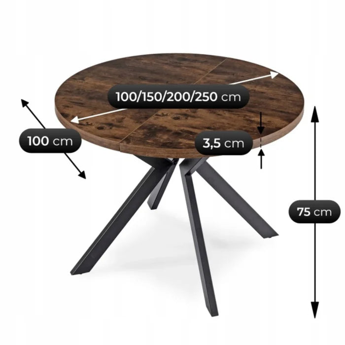 Elite LUKAS Round Extendable Dining Table 100–250 cm Rustic Oak Modern Loft