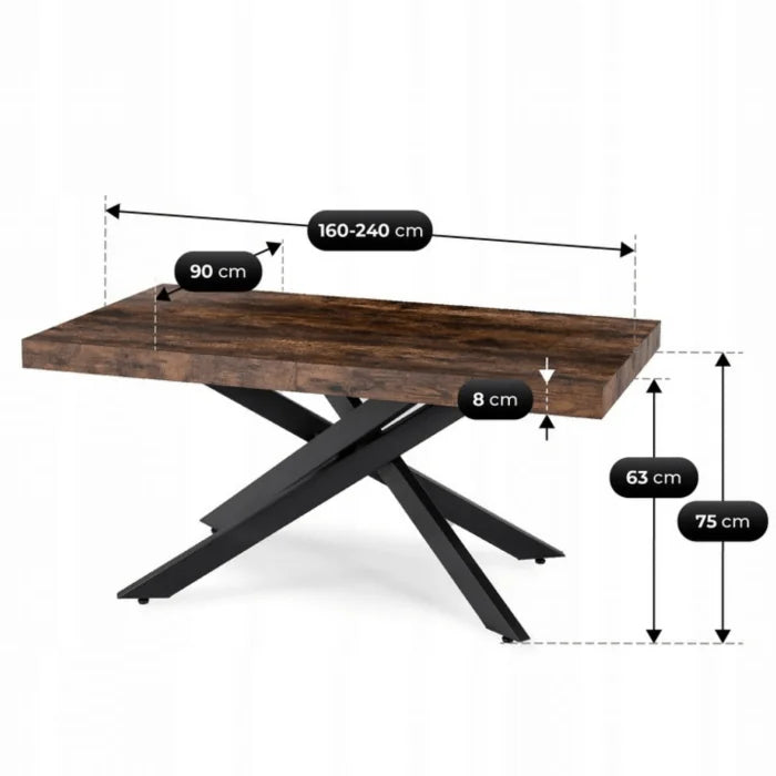 Elite HAMPTON Extendable Rectangular Dining Table 160–240 cm Rustic Oak / Black Modern Loft