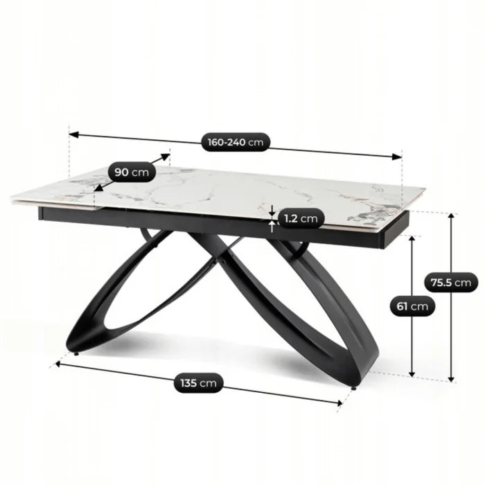 Elite LUIGI Extendable Rectangular Dining Table 160–240 cm, Modern Ceramic White Marble/Black