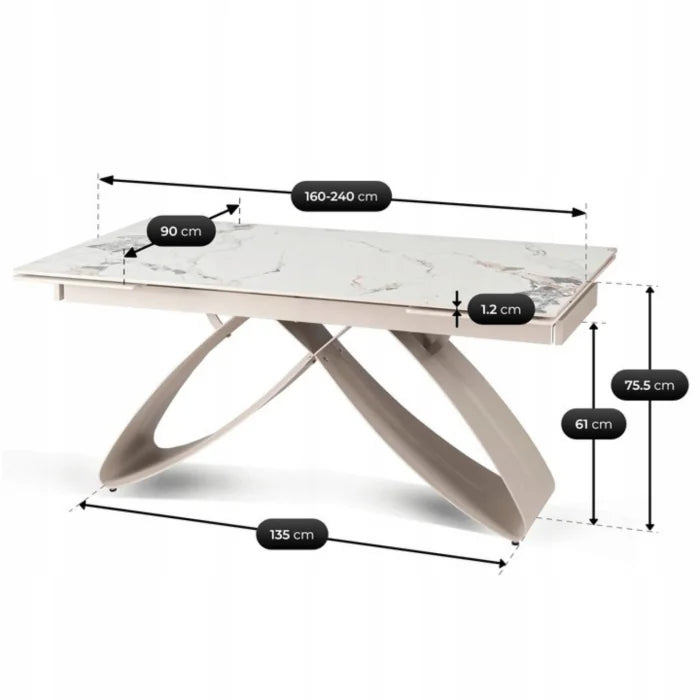 Elite LUIGI Extendable Rectangular Dining Table 160–240 cm, Modern Ceramic White Marble/Cashmere
