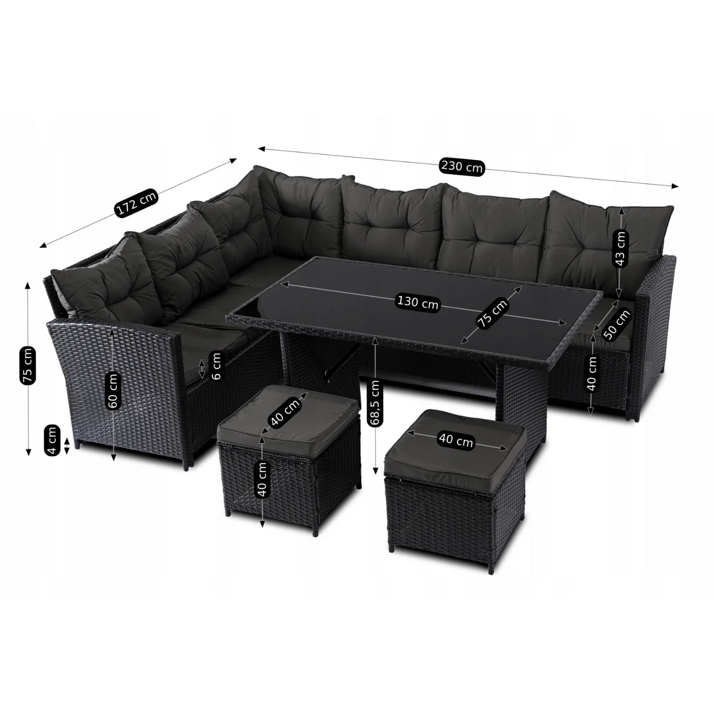 Elite DALLAS Outdoor Furniture Set Black/Dark Grey - Luxury Rattan Garden Loung