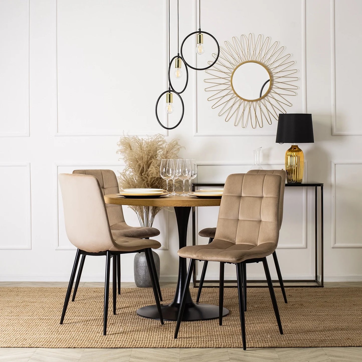 Elite LINO Dining Set – 100 cm Golden Oak/Black Round Table & 4 Beige PERU Chairs