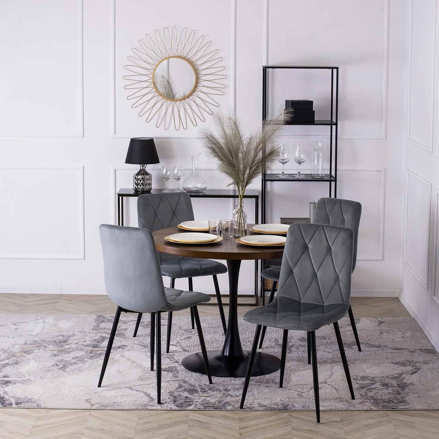 Elite LINO Dining Set – 100 cm Walnut/Black Round Table & 4 Grey ROBIN Chairs