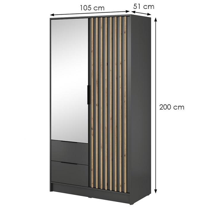 Nelly 2D Wardrobe – Graphite/Artisan Oak 105 cm With Mirror