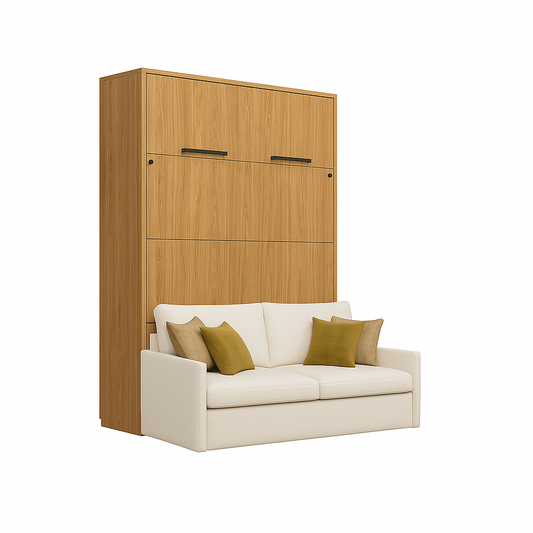 Genius Murphy Bed Oiled Oak 140 x 200 cm with Sofa ECO-LEATHER, Led Lighting