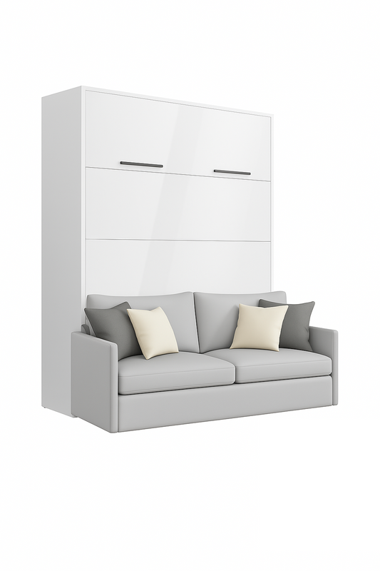 Genius Murphy Bed White Gloss 160 x 200 cm with Sofa ECO-LEATHER, Led Lighting
