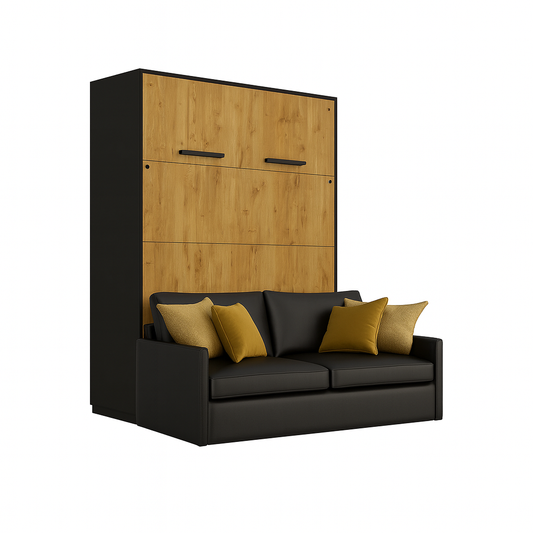 Genius Murphy Bed Lancelot Oak 140 x 200 cm with Sofa ECO-LEATHER, Led Lighting