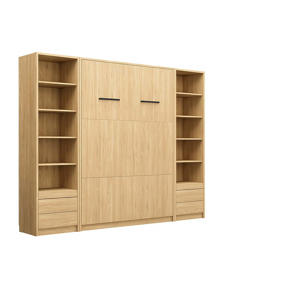 Customizable Genius Murphy Bed Furniture Set 140 x 200 cm Olied Oak, LED Lighting