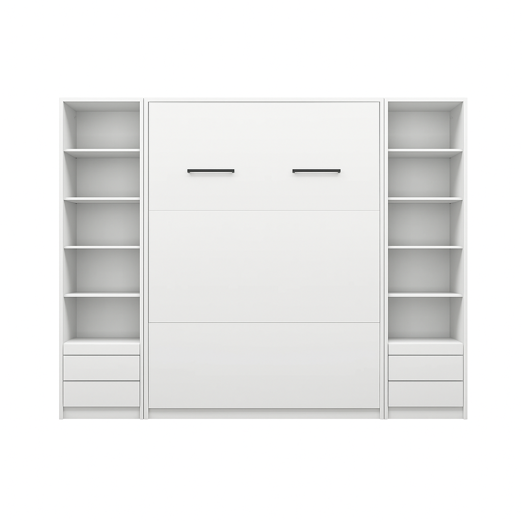 Customizable Genius Murphy Bed Furniture Set 140 x 200 cm White Matt, LED Lighting