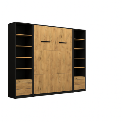 Customizable Genius Murphy Bed Furniture Set 120 x 200 cm Black Lancelot Oak, LED Lighting