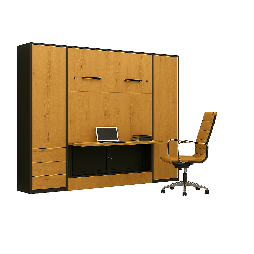 Genius Vertical Murphy Bed with Desk & Wardrobes – with 140x200 cm Mattress, LED Lighting