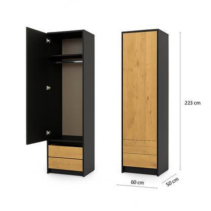 Customizable Genius Murphy Bed Furniture Set 120 x 200 cm Black Lancelot Oak, LED Lighting