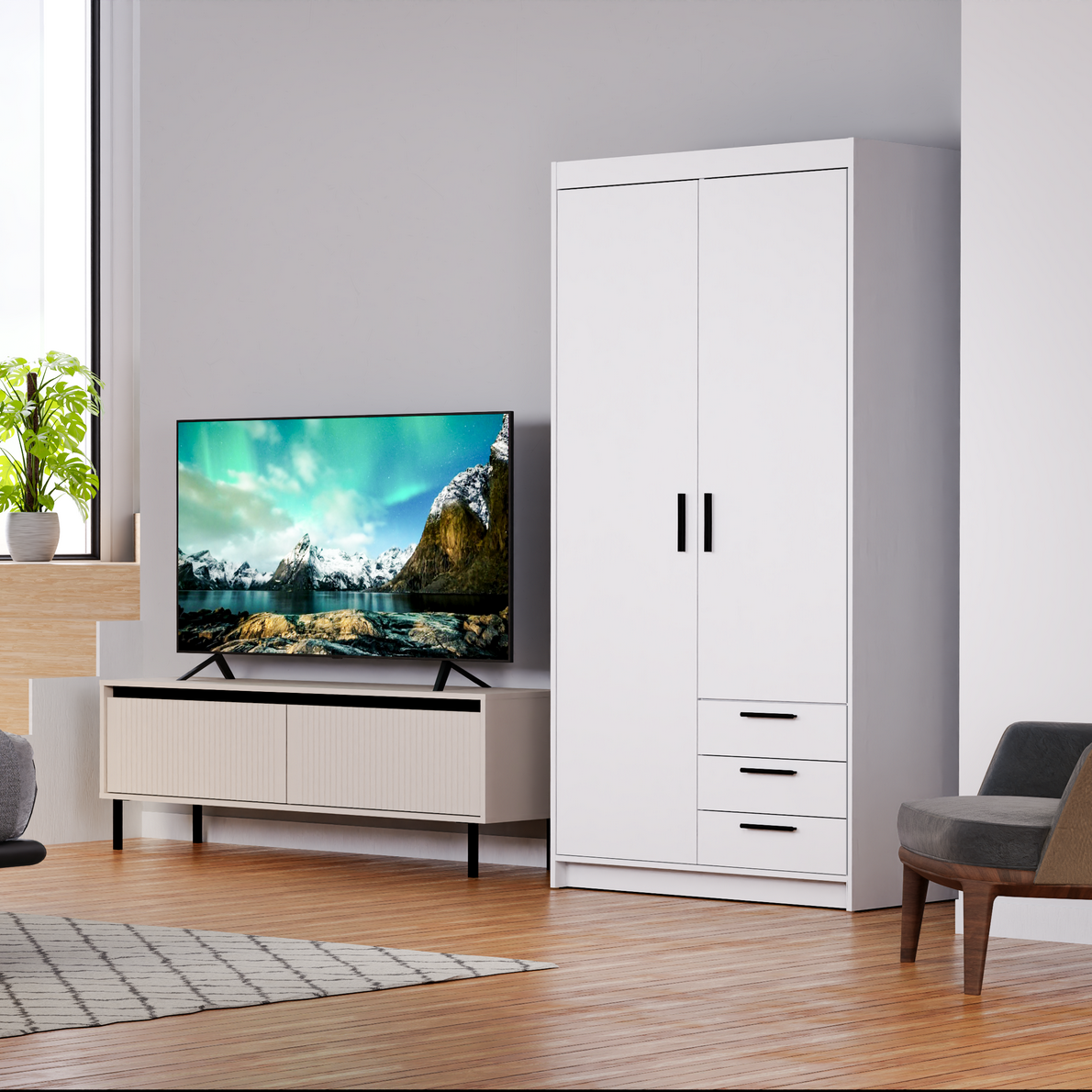 LE Elena 2D 3S DL02 3S Wardrobe in White