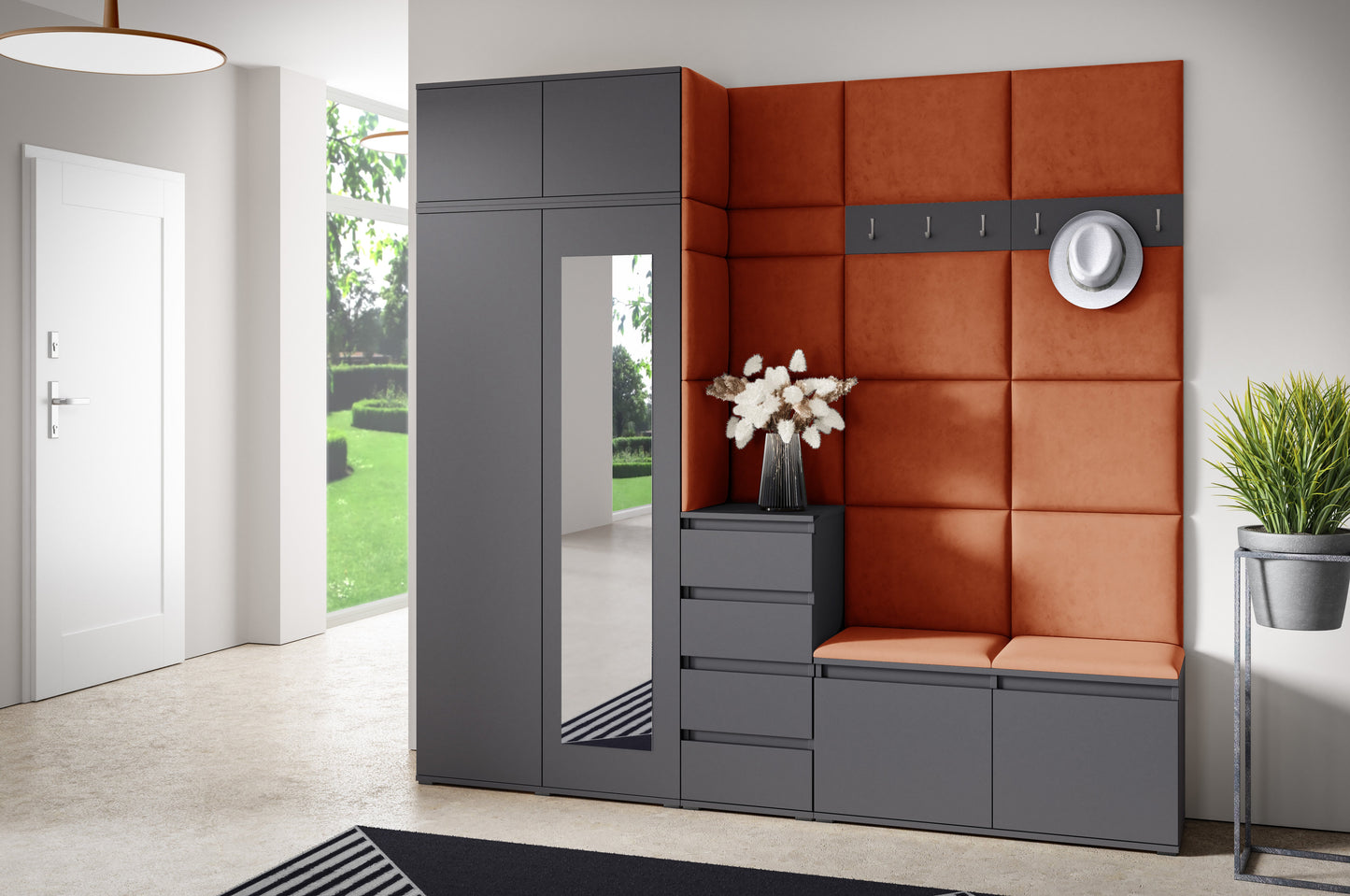 PK Emi 33 Hallway Wardrobe Graphite - Upholstered Panels in Various Colours