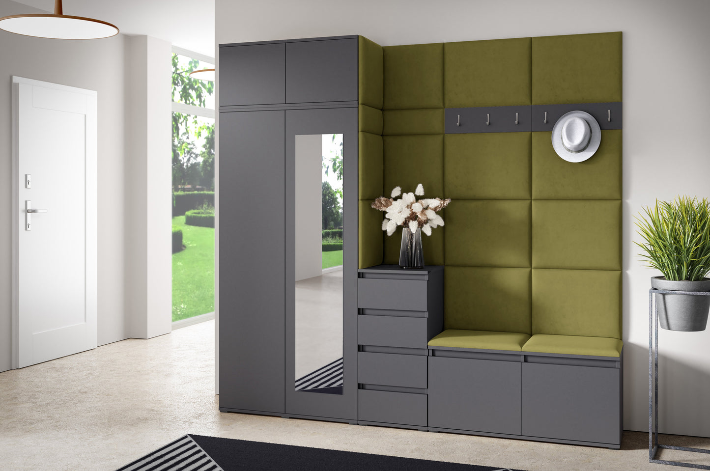 PK Emi 33 Hallway Wardrobe Graphite - Upholstered Panels in Various Colours