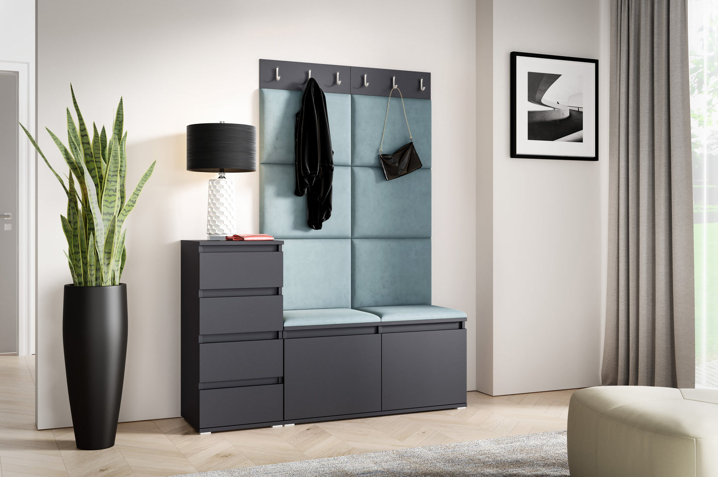 PK Emi 34 Hallway Wardrobe Graphite- Upholstered Panels in Various Colours