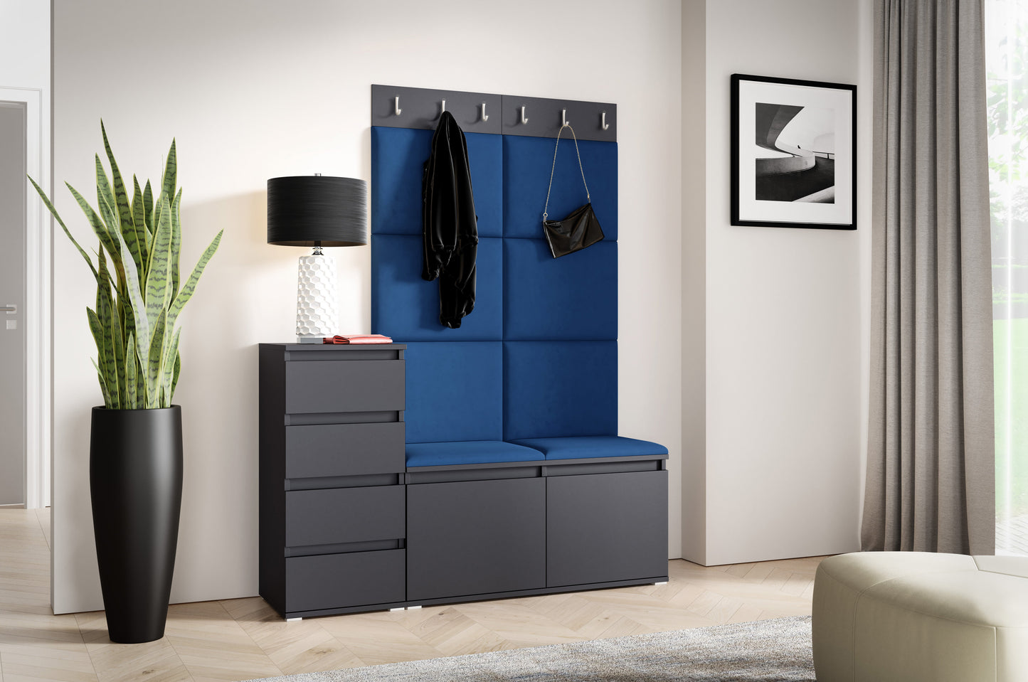 PK Emi 34 Hallway Wardrobe Graphite- Upholstered Panels in Various Colours