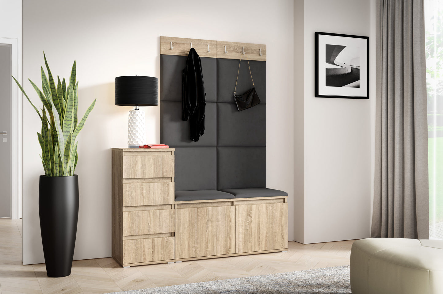PK Emi 34 Hallway Wardrobe Sonoma Oak- Upholstered Panels in Various Colours