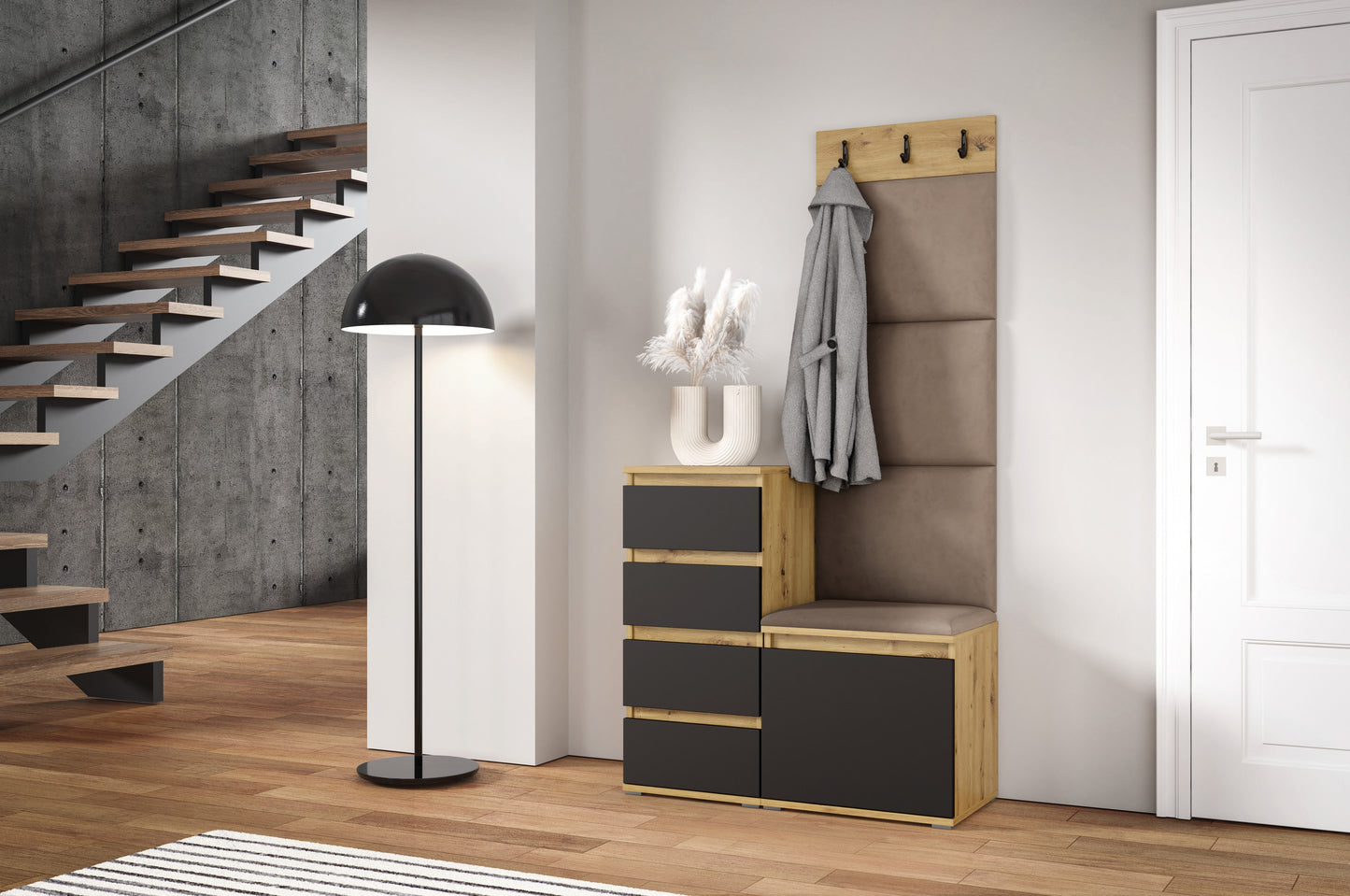 PK Emi 36 Hallway Wardrobe Aristan Oak\Black  - Upholstered Panels in Various Colours