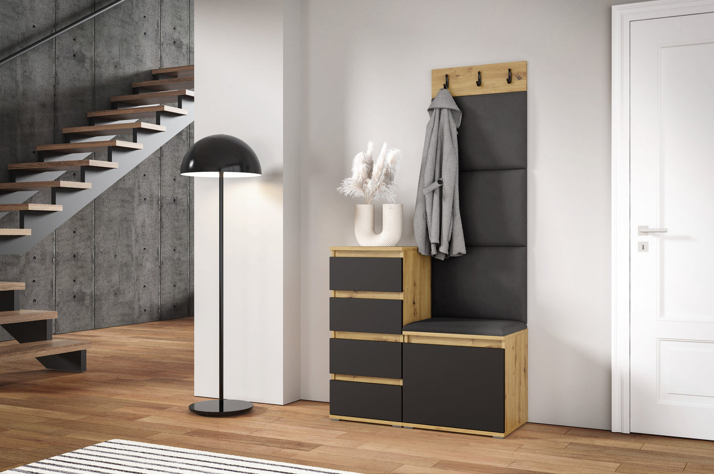 PK Emi 36 Hallway Wardrobe Aristan Oak\Black  - Upholstered Panels in Various Colours