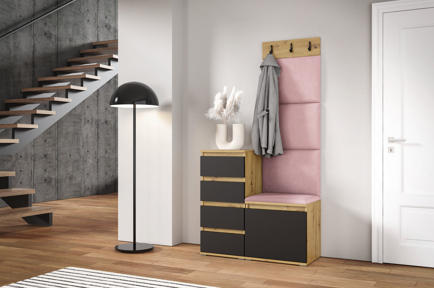 PK Emi 36 Hallway Wardrobe Aristan Oak\Black  - Upholstered Panels in Various Colours