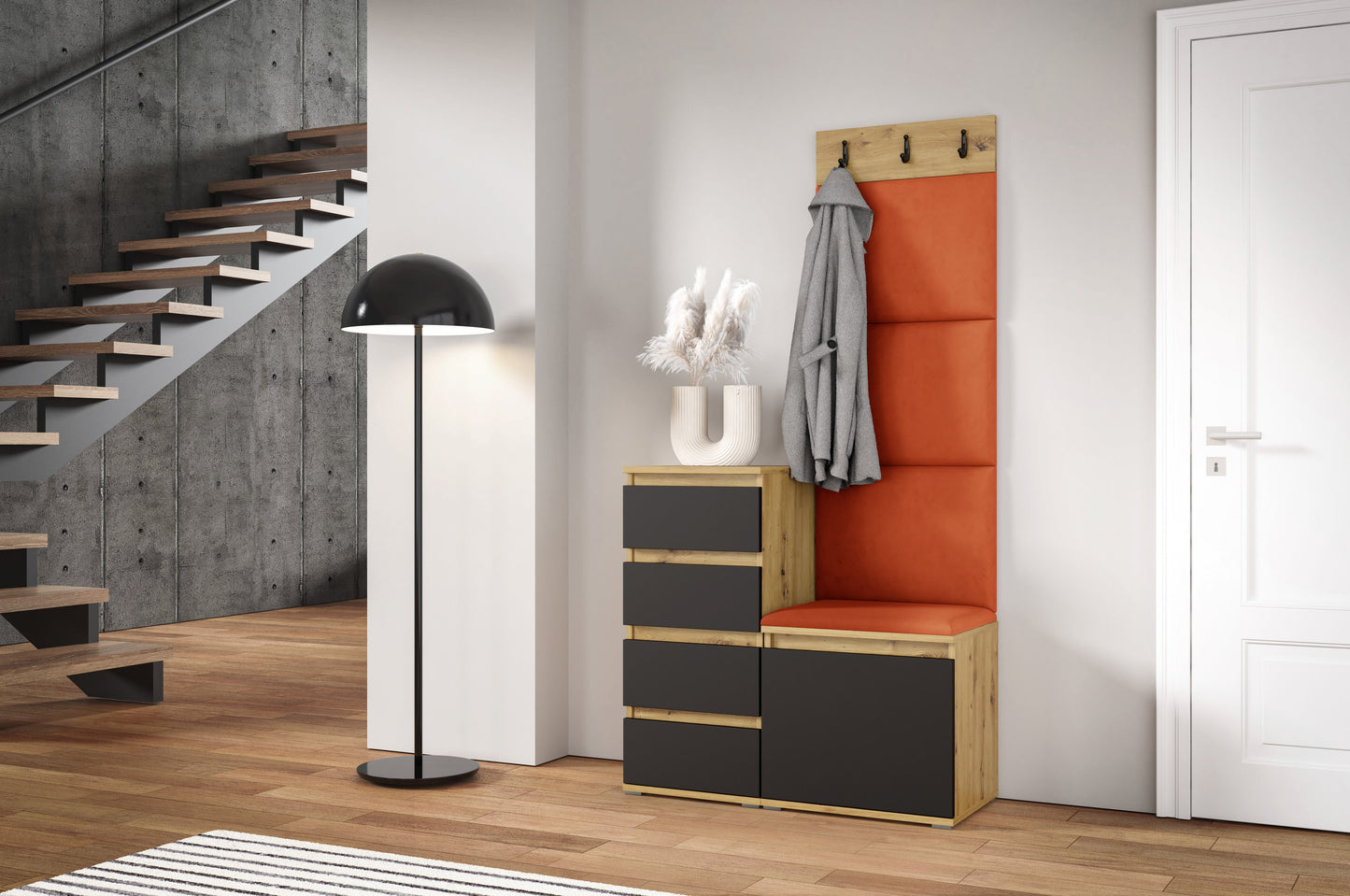 PK Emi 36 Hallway Wardrobe Aristan Oak\Black  - Upholstered Panels in Various Colours