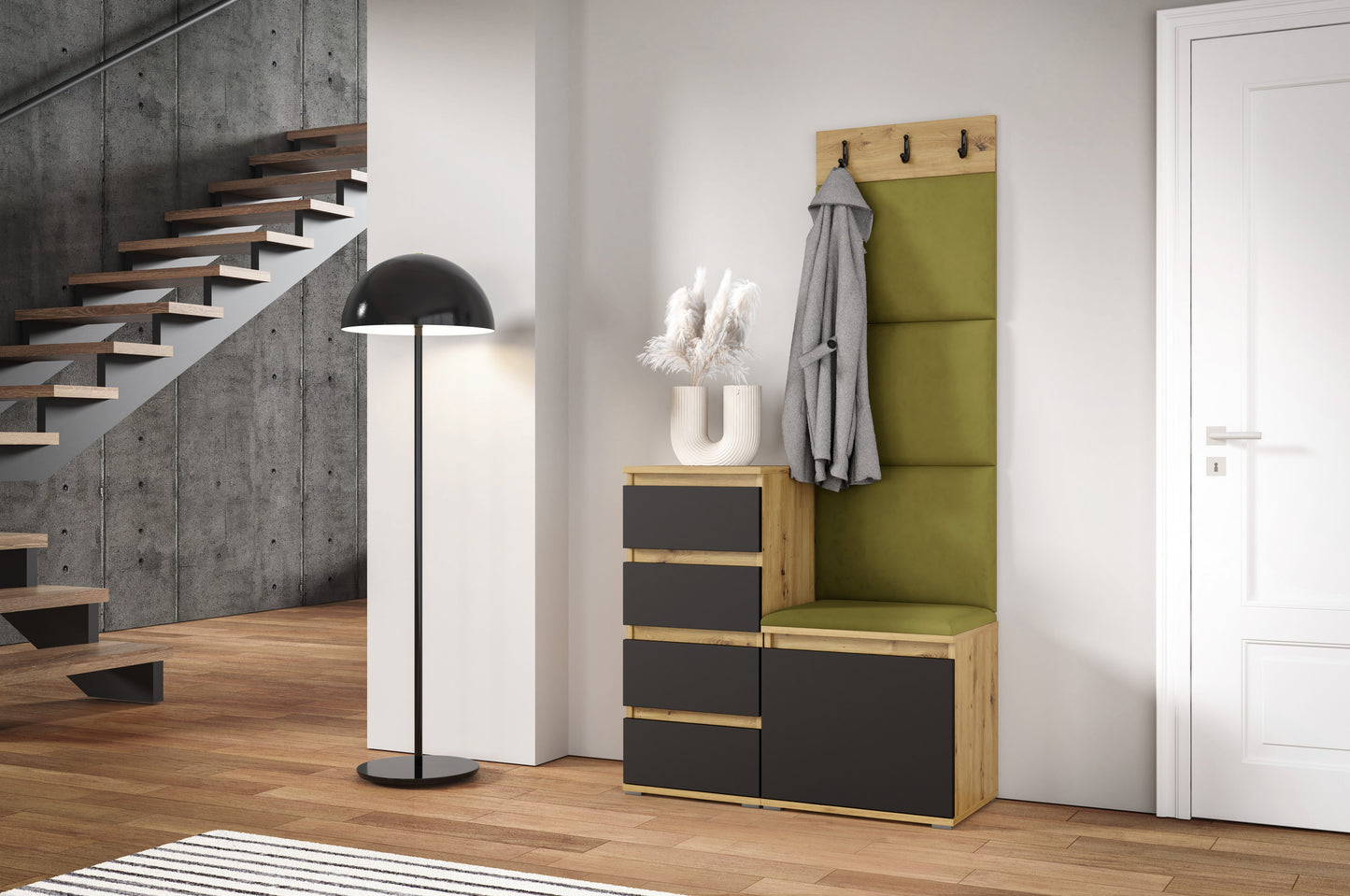 PK Emi 36 Hallway Wardrobe Aristan Oak\Black  - Upholstered Panels in Various Colours