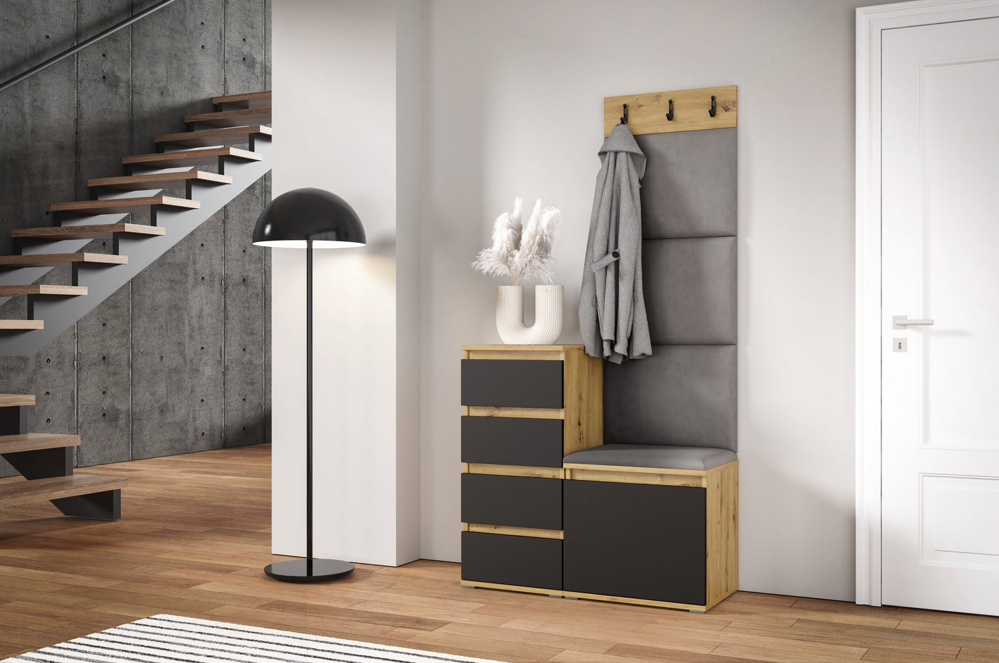 PK Emi 36 Hallway Wardrobe Aristan Oak\Black  - Upholstered Panels in Various Colours