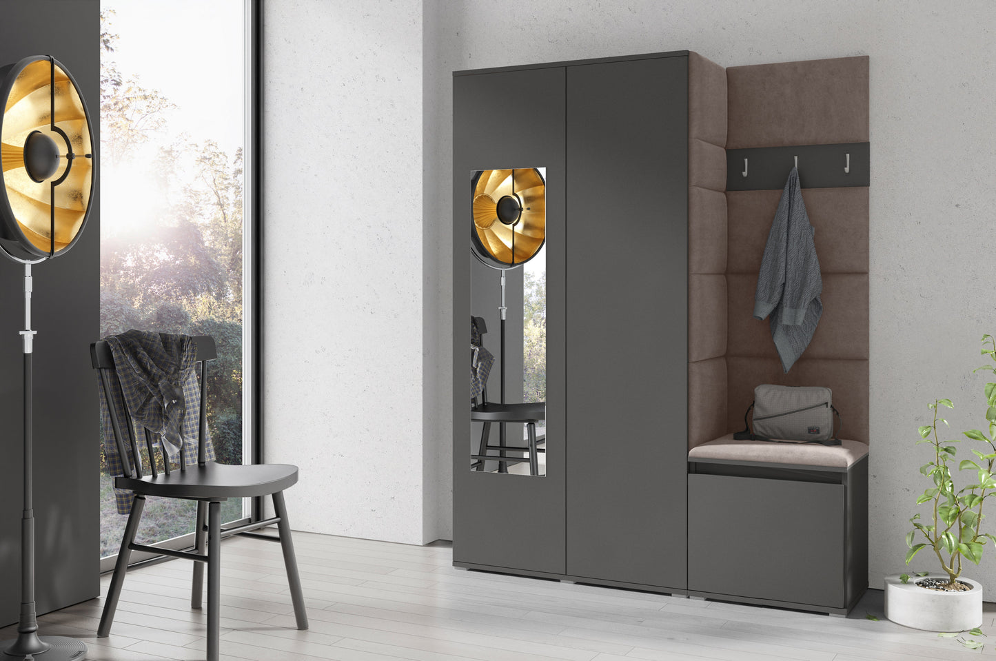 PK Emi 11 Hallway Wardrobe Graphite - Upholstered Panels in Various Colours