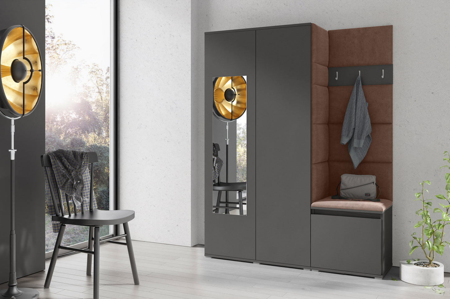 PK Emi 11 Hallway Wardrobe Graphite - Upholstered Panels in Various Colours