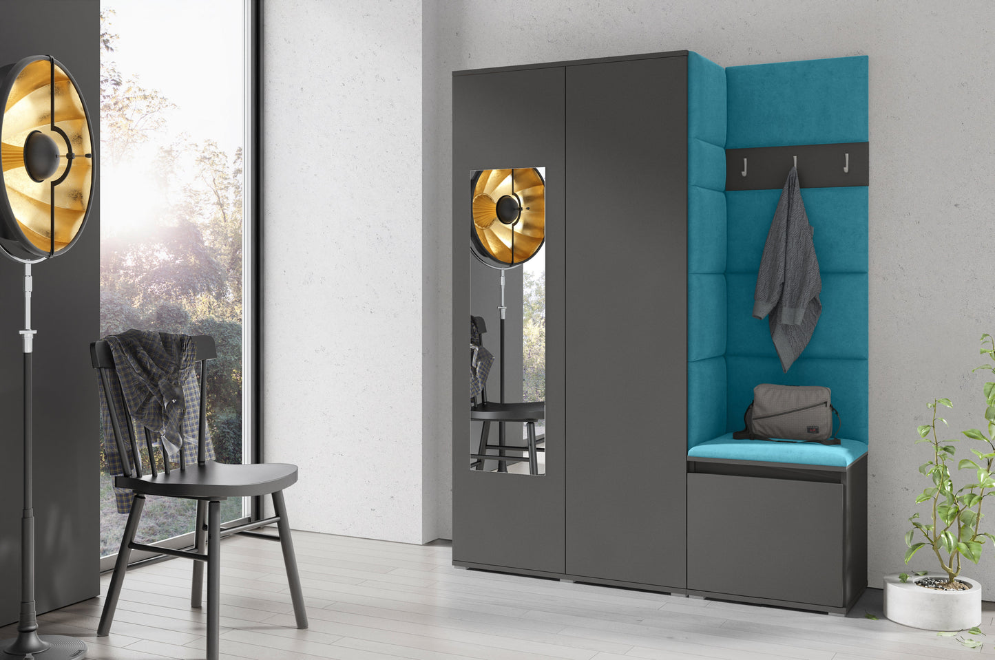 PK Emi 11 Hallway Wardrobe Graphite - Upholstered Panels in Various Colours