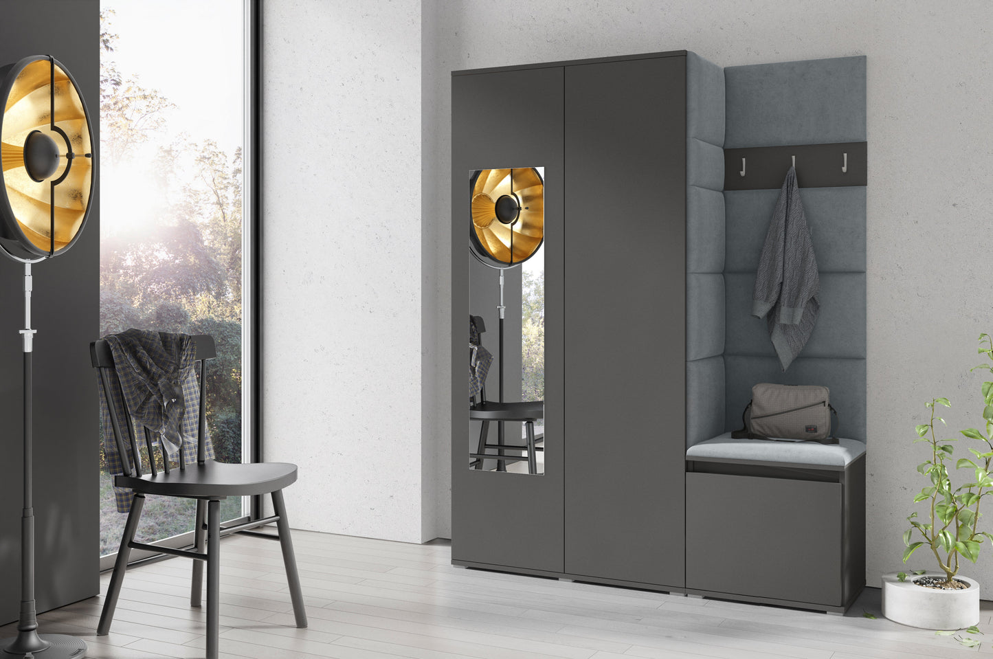 PK Emi 11 Hallway Wardrobe Graphite - Upholstered Panels in Various Colours
