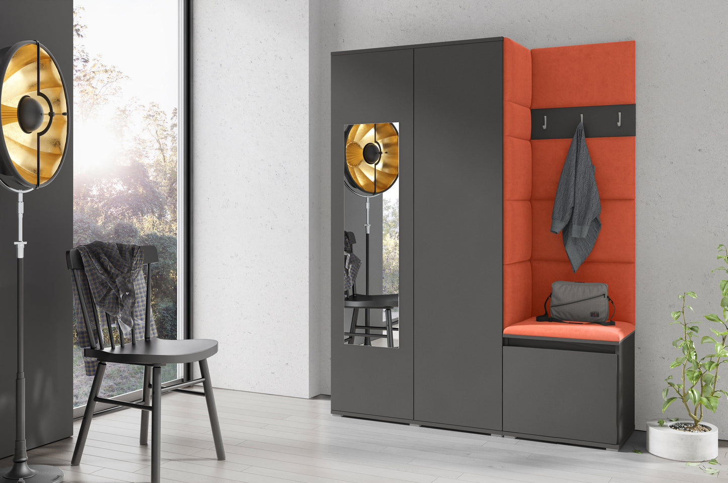 PK Emi 11 Hallway Wardrobe Graphite - Upholstered Panels in Various Colours
