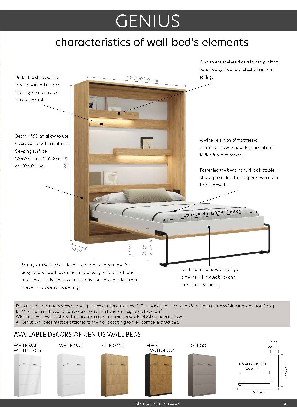 Genius Vertical Murphy Bed with Desk & Wardrobes – with 120x200 cm Mattress, LED Lighting