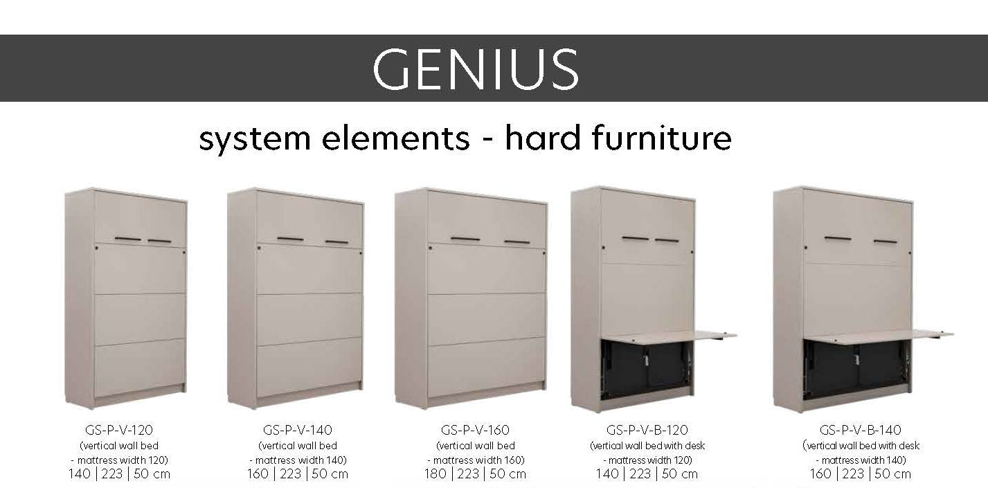 Genius Vertical Murphy Bed with Desk – for 140x200 cm Mattress, LED Lighting