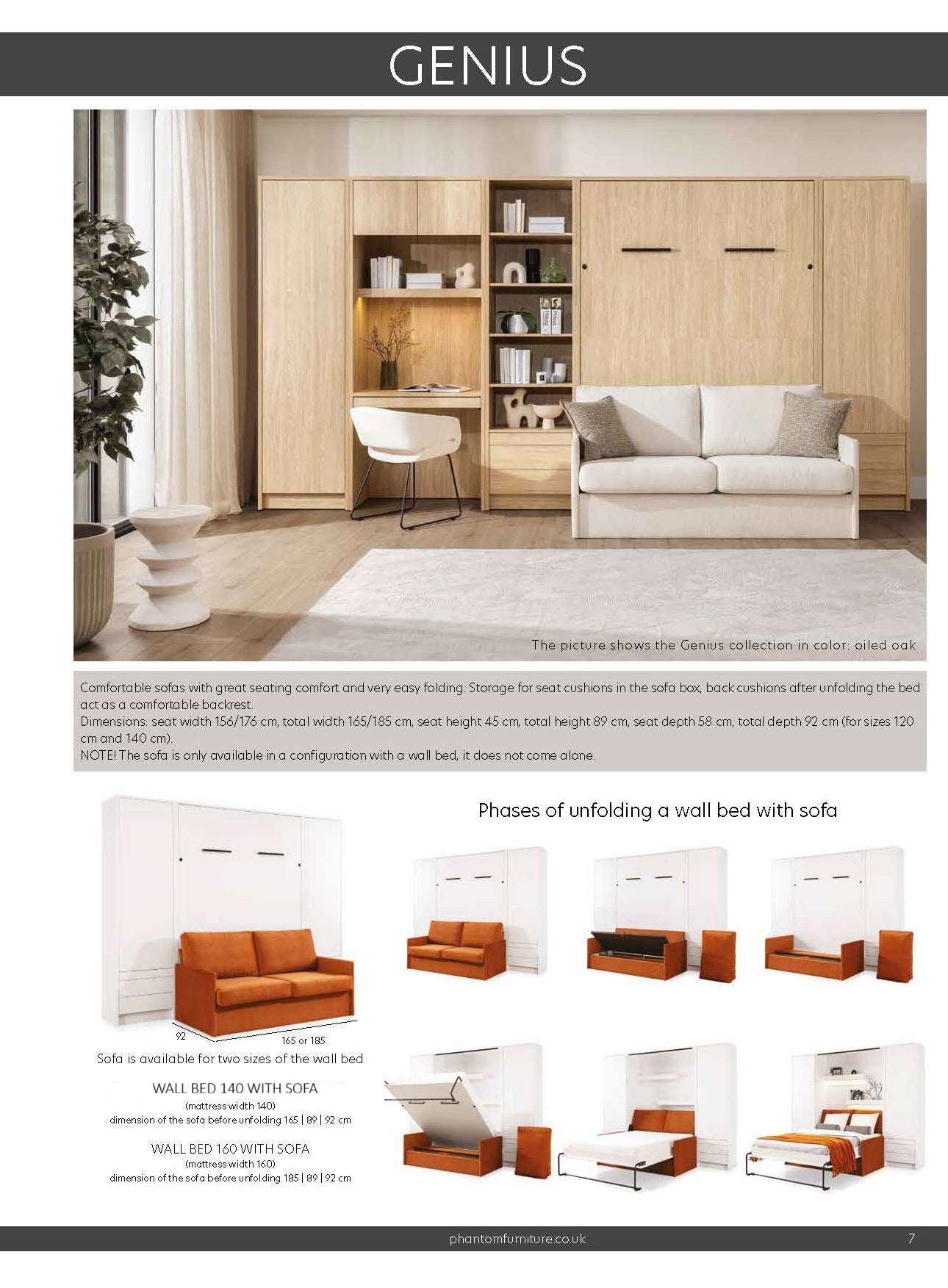 Genius Murphy Bed Lancelot Oak 160 x 200 cm with Sofa ECO-LEATHER, Led Lighting