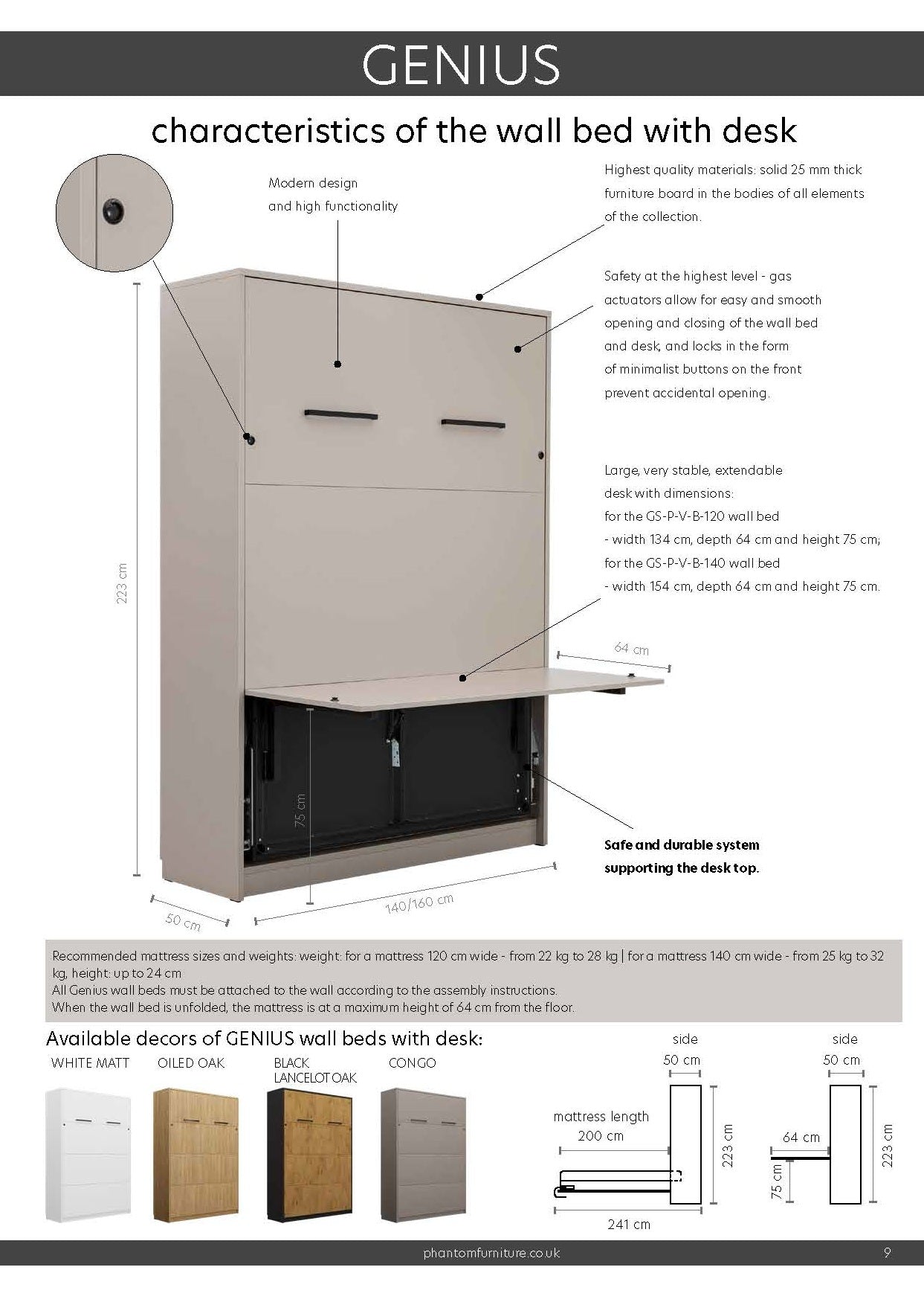 Genius Vertical Murphy Bed with Desk – for 140x200 cm Mattress, LED Lighting