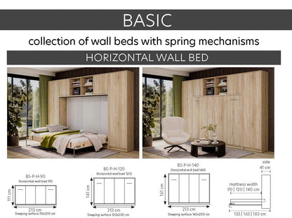 Customizable BASIC Murphy Bed Horizontal  Furniture Set White Matt 90, 120, 140 x 200 cm