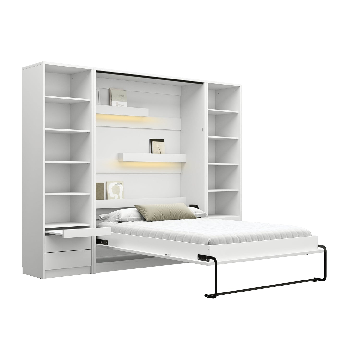 Customizable Genius Murphy Bed Furniture Set 140 x 200 cm White Matt, LED Lighting