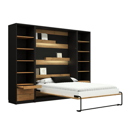 Customizable Genius Murphy Bed Furniture Set 160 x 200 cm Black Lancelot Oak, LED Lighting