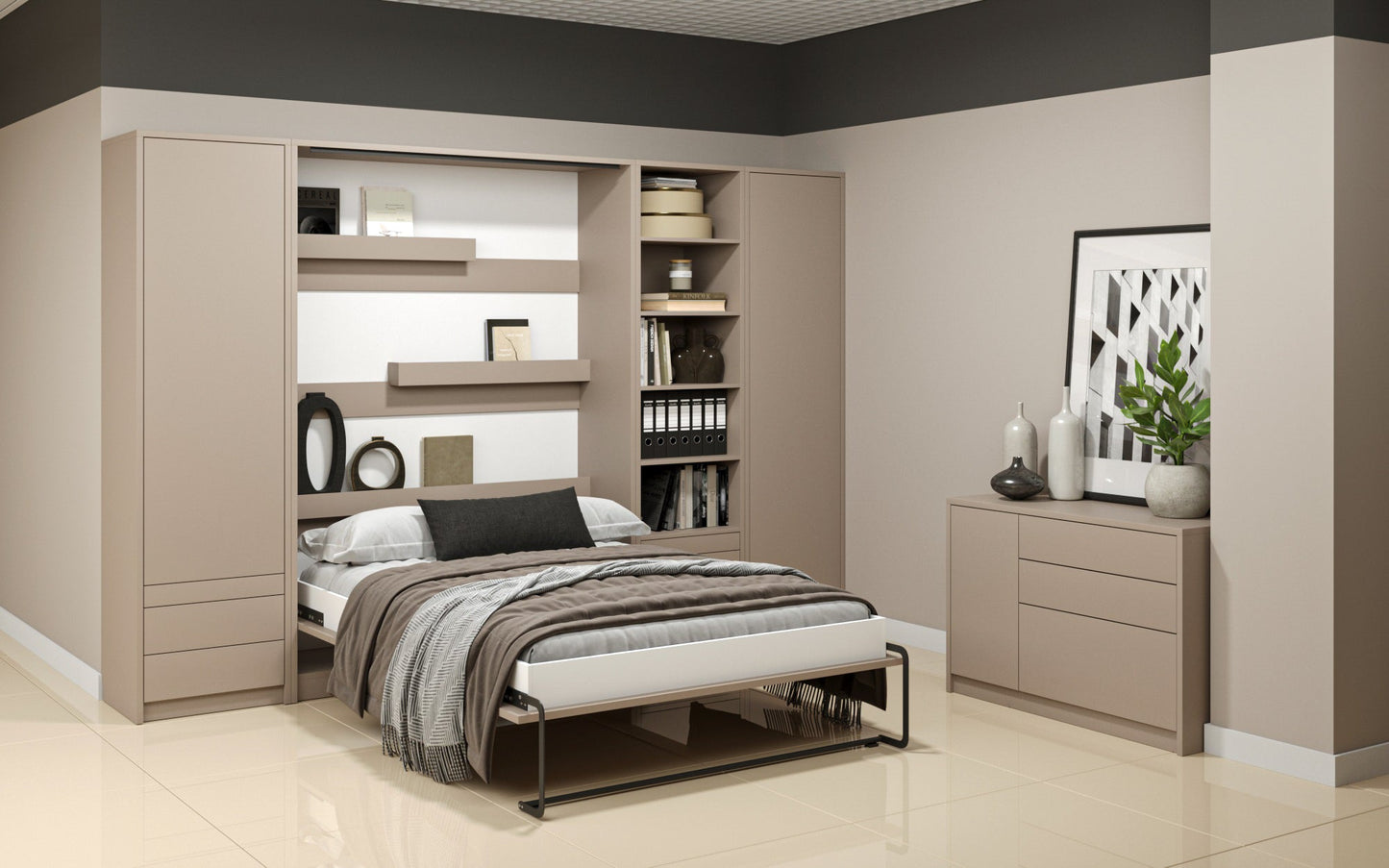 Genius Vertical Murphy Bed with Desk & Wardrobes – with 120x200 cm Mattress, LED Lighting