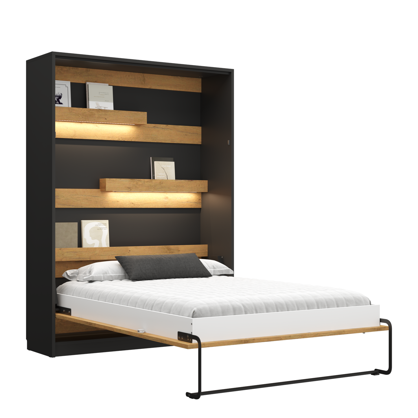 Genius Murphy Bed Lancelot Oak 140 x 200 cm with Sofa ECO-LEATHER, Led Lighting