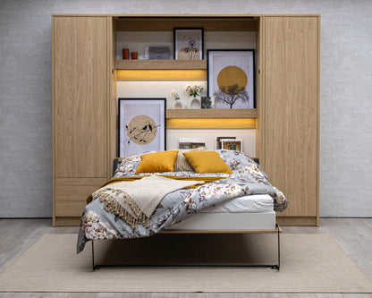 Genius Murphy Bed with Sofa Oiled Oak 140 x 200 cm SET, LED Lighting