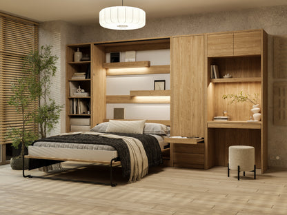 Customizable Genius Murphy Bed Furniture Set 140 x 200 cm Olied Oak, LED Lighting