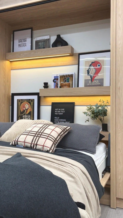 Customizable Genius Murphy Bed Furniture Set 160 x 200 cm Olied Oak, LED Lighting