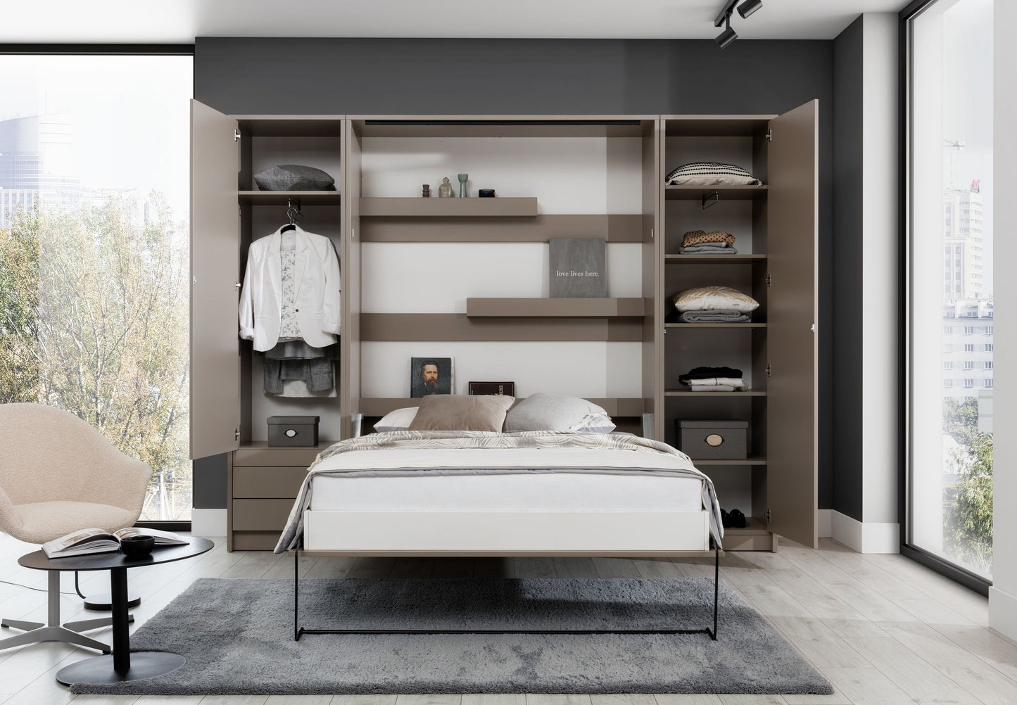 Customizable Genius Murphy Bed Furniture Set 120 x 200 cm Congo, LED Lighting