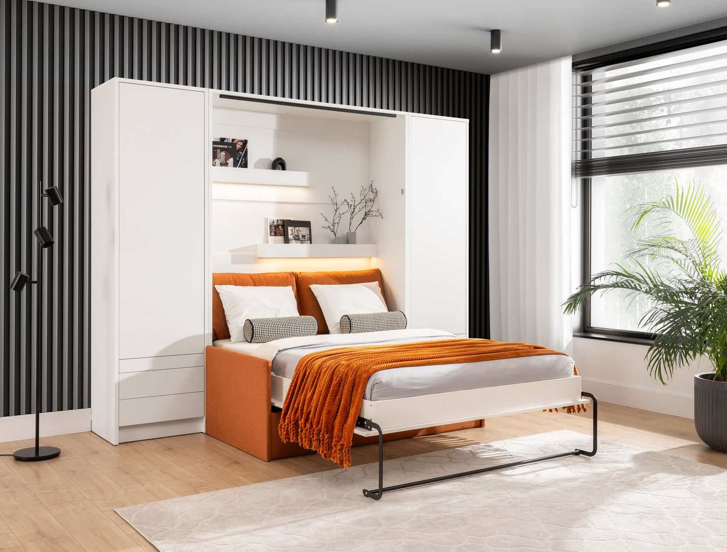 Genius Murphy Bed with Sofa White Matte 140 x 200 cm, LED Lighting
