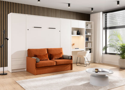 Customizable Genius Murphy Bed with Sofa Set 160 x 200 cm White Matt and LED Lighting
