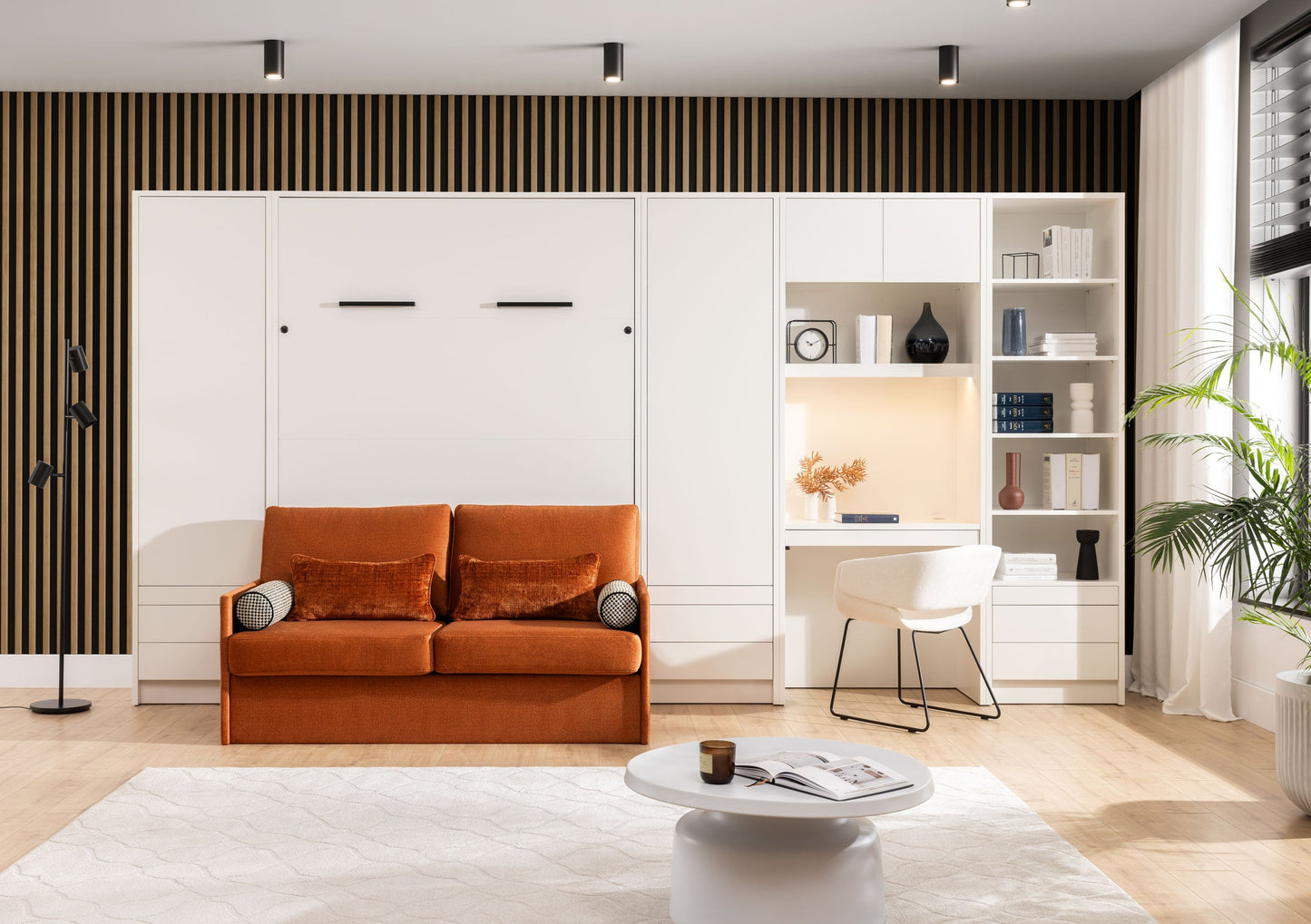 Genius Murphy Bed with Sofa White Matte 140 x 200 cm, LED Lighting